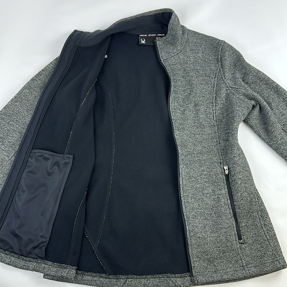 SPYDER Fleece Lined Sweater Jacket. Zip front & Pockets. Heather Black. Size LG.